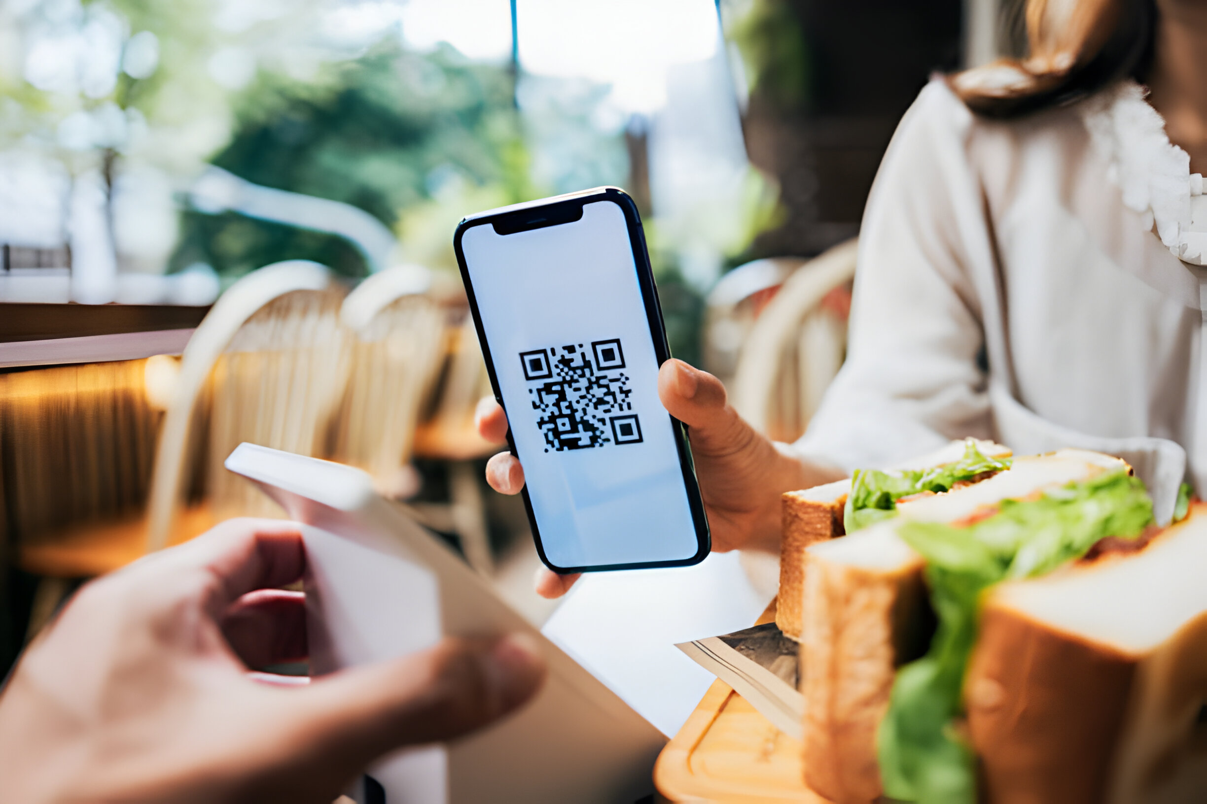 un client utilisant un programme de fidélité numérique dans un restaurant, avec un serveur scannant un code QR sur un smartphone